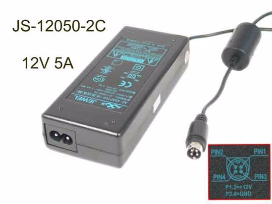 Jewel JS-12050-2C AC Adapter NEW Original 12V 5A, 4-Pin DIN, 2-Prong, New