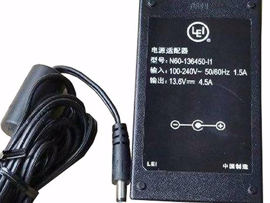 LEI / Leader N60-136450-I1 AC Adapter NEW Original 13.6V 4.5A, 5.5x2.5mm, US 2-Pin, New