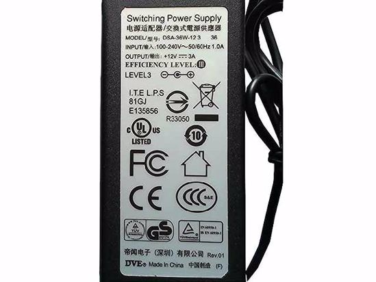 DVE DSA-36W12 AC Adapter NEW Original 12V 3A, 5.5/2.5mm, 3-Prong , New