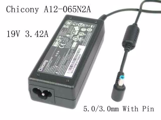 Chicony A12-065N2A AC Adapter- Laptop 19V 3.42A, Barrel 5.0/3.0mm With Pin, 3-Prong