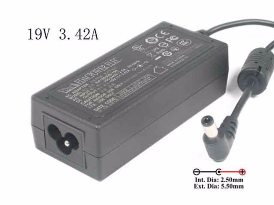 Edac Power EA10633B-190 AC Adapter- Laptop 19V 3.42A, 5.5/2.5mm, 3-Prong, New