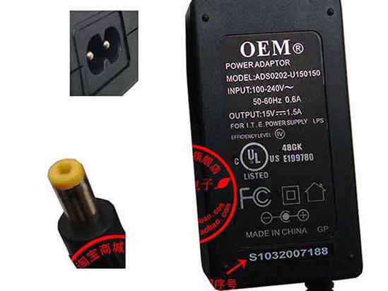 ACP OEM Power AC Adapter Compatible For ADS0202-U150150, 15V 1.5A, 4.8/1.7mm, 2-Prong,