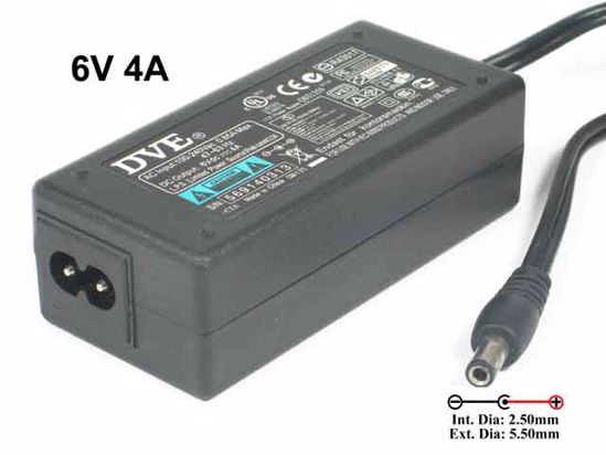 Other Brands DVE AC Adapter NEW Original 6V 4A, Barrel 5.5/2.5mm, 2-Prong