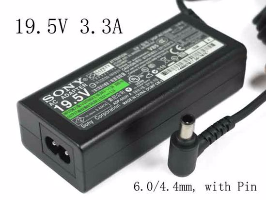 Sony Vaio VPCEE Series AC Adapter- Laptop 19.5V, 3.3A 6.0/4.4mm, with Pin, 2-Prong, New