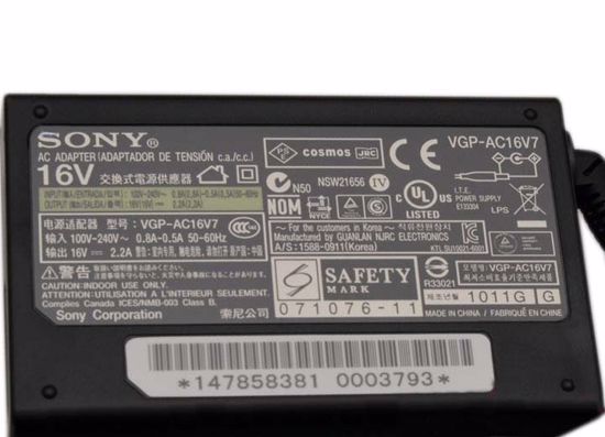 Sony Vaio VGN-UX Series AC Adapter- Laptop 147858381, 16V 2.2A, 2Prong