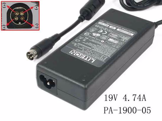 LITE-ON PA-1900-05 AC Adapter- Laptop 19V 4.74A, 4-Pin P1 2=V