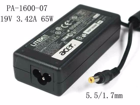 LITE-ON PA-1600-07 AC Adapter- Laptop 19V 3.42A 65W, Barrel 5.5/1.7mm, 3-Prong