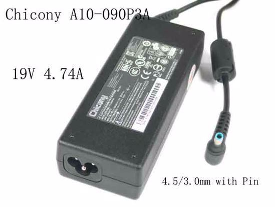 Chicony A10-090P3A AC Adapter- Laptop 19V 4.74A, 4.5/3.0mm W/Pin, 3-Prong