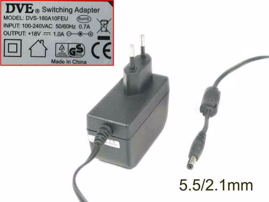 DVE DVS-180A10FEU AC Adapter- Laptop 18V 1A, 5.5/2.1mm, EU 2P