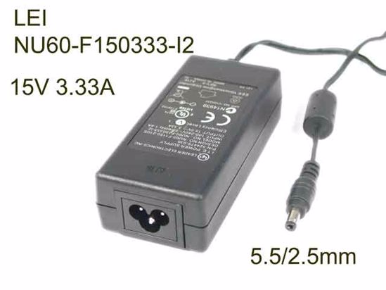 LEI / Leader NU60-F150333-I2 AC Adapter- Laptop 15V 3.33A, Barrel 5.5/2.5mm, 3-Prong