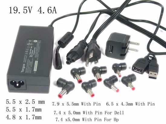 Targus APA30CA AC Adapter- Laptop 19.5V 4.6A, 7 Tips, 3-prong, US Cord, New