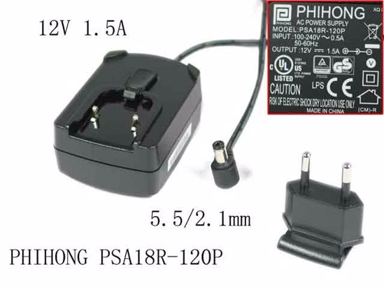 PHIHONG PSA18R-120P AC Adapter NEW Original 12V 1.5A, Barrel 5.5/2.1mm, EU 2-Pin Plug