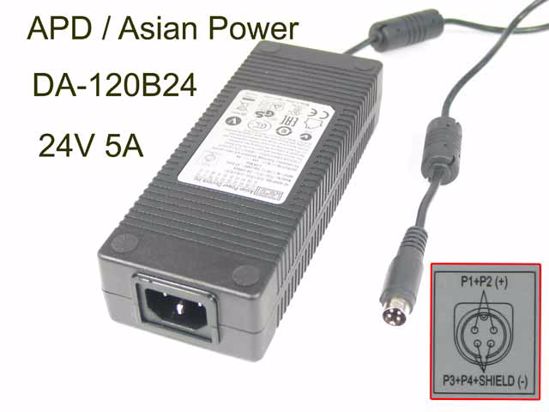 APD / Asian Power Devices DA-120B24 AC Adapter 20V Above 24V 5A, 4P P1 4=V