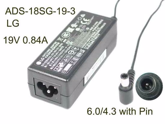 LG AC Adapter (LG) AC Adapter- Laptop ADS-18SG-19-3, 19V 0.84A, 6.0/4.3, Barrel WP, 3P ,