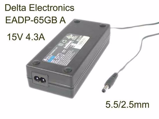 Delta Electronics EADP-65GB A AC Adapter- Laptop 15V 4.3A, Barrel 5.5/2.5mm, 2-Prong