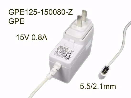 GPE GPE125-150080-Z AC Adapter 13V-19V 15V 0.8A, Barrel 5.5/2.1mm, US 2-Pin Plug,