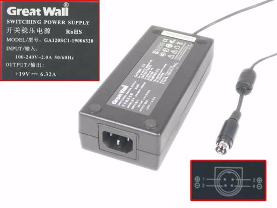 Great Wall GA120SC1-19006320 AC Adapter- Laptop 19V 6.32A, 4P P1 4=V