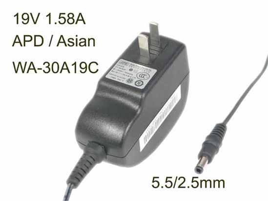 APD / Asian Power Devices WA-30A19C AC Adapter- Laptop 19V 1.58A, 5.5/2.5mm, US 2-Pin Pl