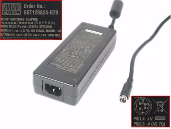 Mean WellGST120A24 AC Adapter 20V Above 24V 5A, 4-Pin Din, IEC C14