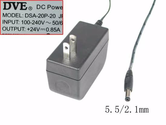 DVE DSA-20P-20 AC Adapter 20V Above 24V 0.85A, 5.5/2.1mm, US 2P