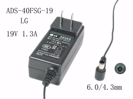 LG AC Adapter (LG) AC Adapter- Laptop ADS-40FSG-19, 19V 1.3A, 6.0/4.3mm WP, US 2P Plug,