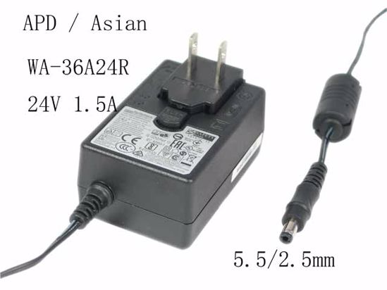 APD / Asian Power Devices WA-36A24R 24V 1.5A, Barrel 5.5/2.5mm, US 2-Pin Plug, NEW