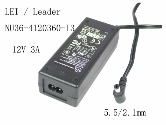 LEI / Leader NU36-4120360-I3 AC Adapter NEW Original 12V 3A, 5.5/2.1mm, 2-Prong