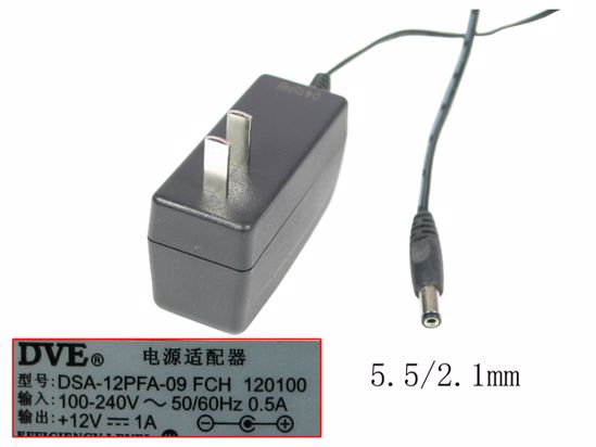 DVE DSA-12GX-12 AC Adapter NEW Original 12V 1A, 5.5/2.1mm, US 2-Pin