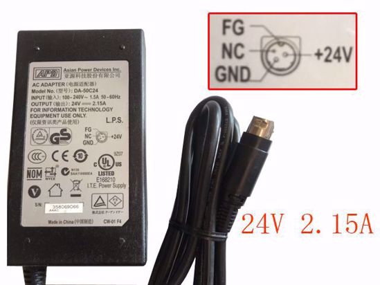 APD / Asian Power Devices DA-50C24 AC Adapter 20V Above DA-50C24