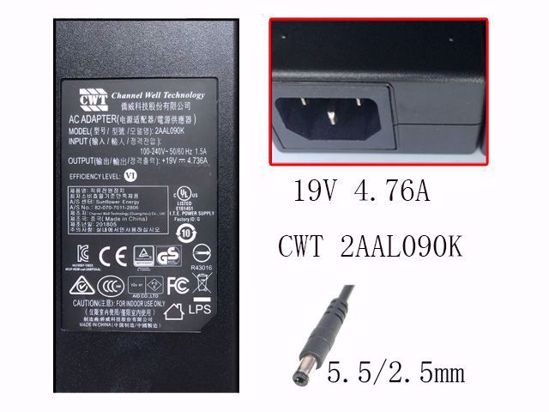 CWT / Channel Well Technology 2AAL090K AC Adapter- Laptop 19V 4.736A, Barrel 5.5/2.5mm,