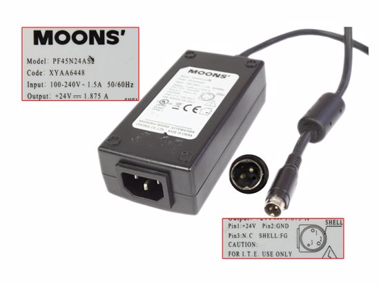 MOONS PF45N24AS2 AC Adapter 20V Above 24V 1.875A, 2-Pin Din, IEC C14