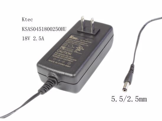 Ktec KSAS0451800250HU AC Adapter 13V-19V 18V 2.5A, 5.5/2.5mm, US 2P Plug, New