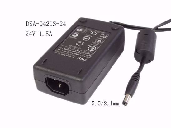 DVE DSA-0421S-24 AC Adapter 20V Above 24V 1.5A, 5.5/2.1mm, C14, New