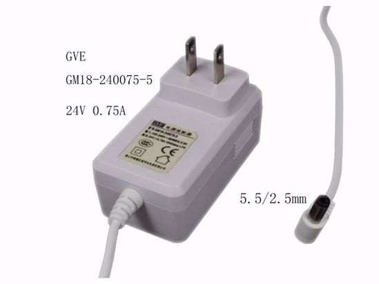 GVE GM18-240075-5 AC Adapter- Laptop 24V 0.75A, Barrel 5.5/2.5mm, US 2-Pin Plug