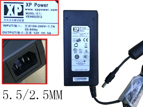 XP Power VEH60US12 AC Adapter- Laptop 12V 5.0A, Barrel 5.5/2.5mm, IEC C14