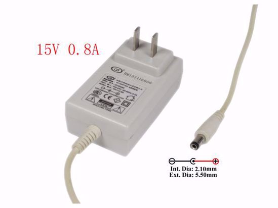 Other Brands AC Adapter- Laptop 15V 0.8A, Barrel 5.5/2.1mm, US 2-Pin Plug,