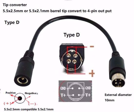 ACP 5525-21-4pin type D with wire DC Tip Converter-Wire Square 5.5x2.5mm convert to 4-pi