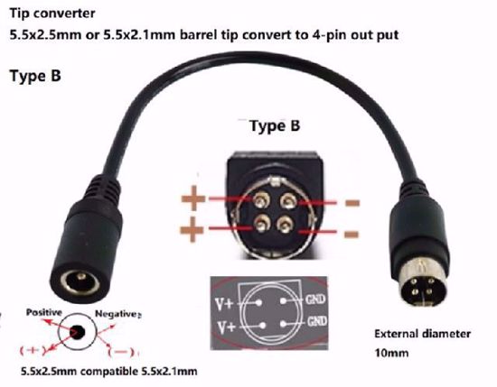 ACP Multi Pin DC Tip Converter-Wire 5.5x2.5mm To 4-Pin P3 4=V