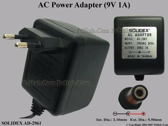 Other Brands Solidex AC Adapter 5V-12V 9V 1A, 5.5/2.1mm, EU 2-Pin Plug