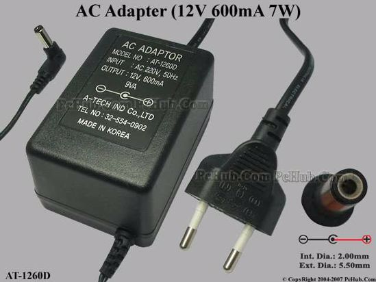 Other Brands A-TECH AC Adapter 5V-12V AT-1260D, 12V 0.6A, Tip B