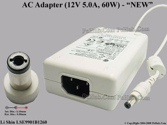 Li Shin LSE9901B1260 AC Adapter 5V-12V 12V 5A, 5.5/2.1mm, C14, White, New