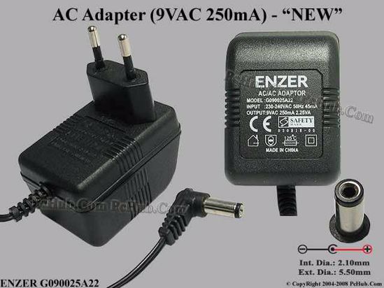 ENZER G090025A22 AC Adapter 5V-12V 9VAC 0.25A, Tip B, NEW