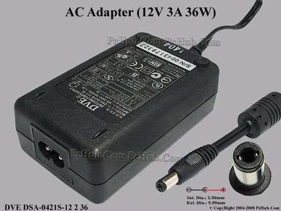 DVE DSA-0421S-12 AC Adapter 5V-12V 12V 3A, 5.5/2.5mm, 2-Prong