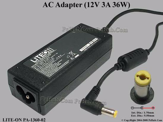 LITE-ON PA-1360-02 AC Adapter 5V-12V 12V 3A, 5.5/1.7mm, 3-Prong