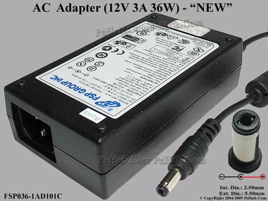 FSP Group Inc FSP036-1AD101C AC Adapter 5V-12V 12V 3A, 5.5/2.5mm 12mm, C14