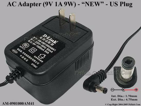 D-Link AM-0901000AM41 AC Adapter 5V-12V 9V 1A, Barrel 4.7/1.7mm, US 2-Pin Plug, New