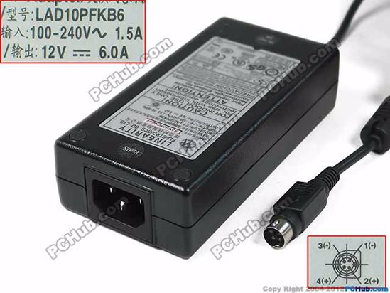 Linearity LAD10PFKB6 AC Adapter 5V-12V 12V 6A, 4-Pin P1 4=V