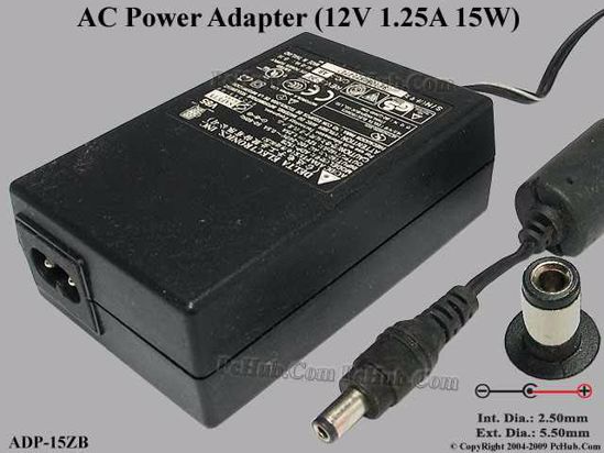 Delta Electronics ADP-15ZB AC Adapter 5V-12V 12V 1.25A, Barrel 5.5/2.5mm, 2-Prong