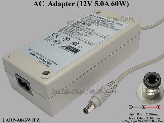 Sharp UADP-A043WJPZ AC Adapter 5V-12V 12V 5A, Barrel 5.5/2.5mm, 2-Prong, New