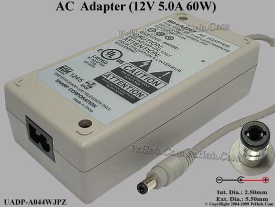 Sharp UADP-A044WJPZ AC Adapter 5V-12V 12V 5A, 5.5/2.5mm, 2-Prong, White